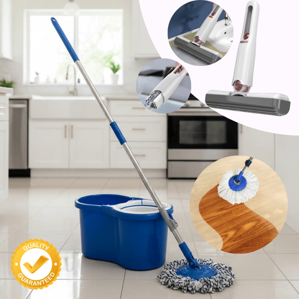 Mop Limpeza Rápida Giratório Cabo Inox 360º com Balde 8L + Mini Mop Portátil Faxina Completa