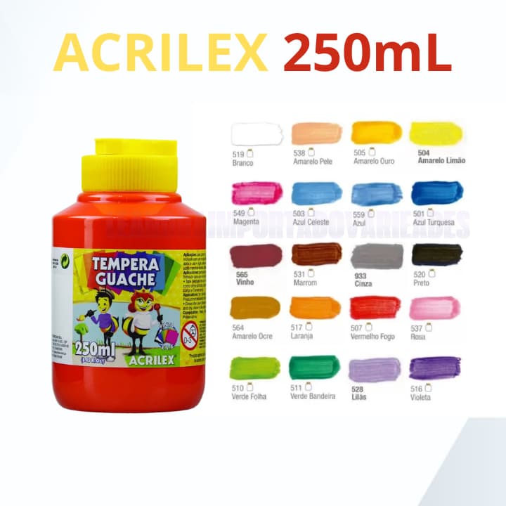 10 Potes Grande de Tinta Guache 250ml Acrilex 10 Cores Aquarelas e Tinta para Pôster