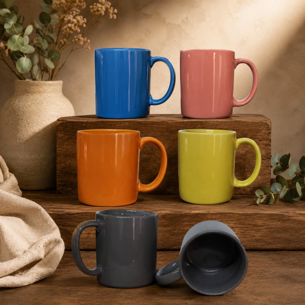 Jogo de 6 Canecas 310ml Cerâmica Celeste, nas cores Azul, Amarelo, Rosa, Cinza e Laranja.