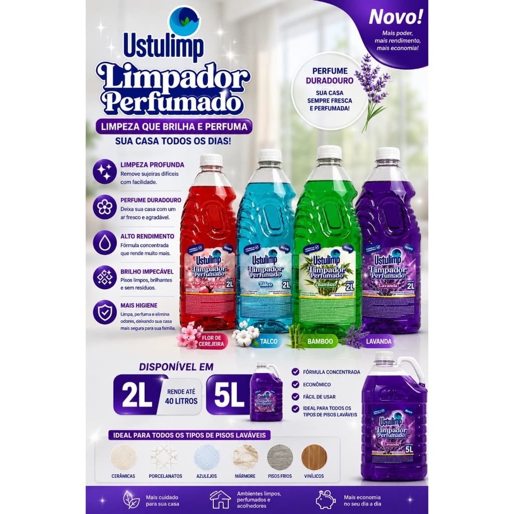 Limpador Perfumado Ustulimp 2L e 5L Lavanda Talco Bamboo Flor de Cerejeira Alta Performance