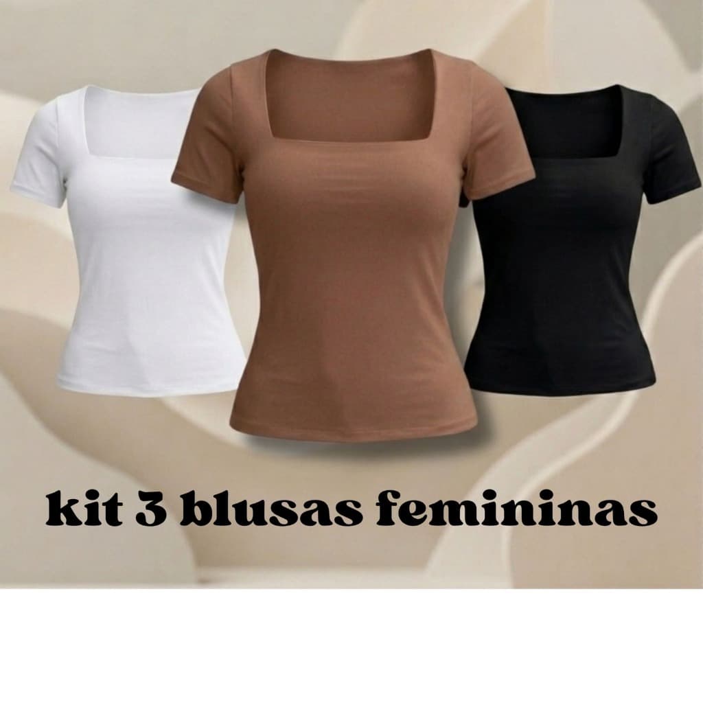Kit 3 Blusas Femininas Baby Look Manga Curta Gola Quadrada Versátil Tendencia Blogueira 2026
