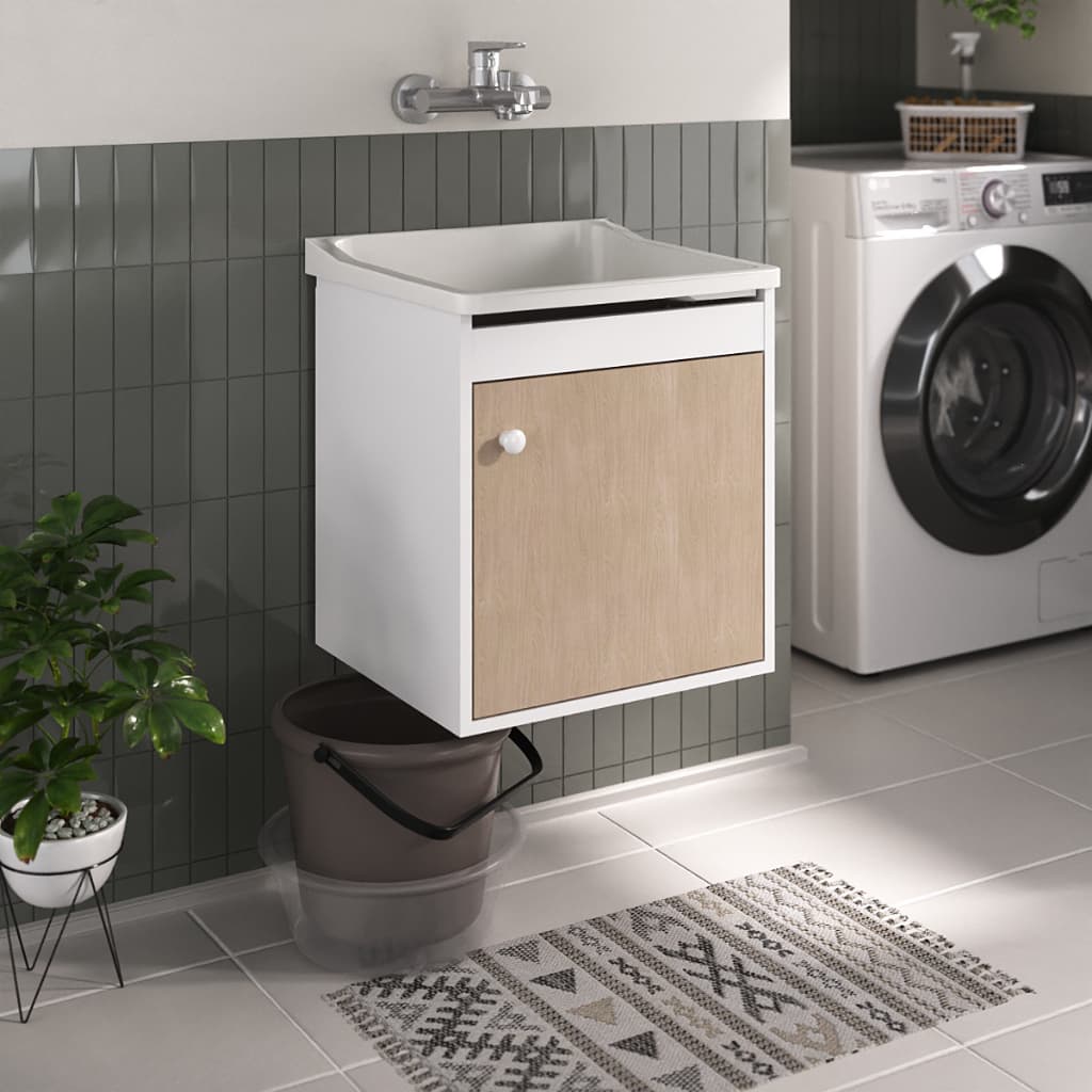 Tanque de Lavanderia Prático 22L Suspenso com Gabinete MDF | Ideal para Lavanderia Compacta