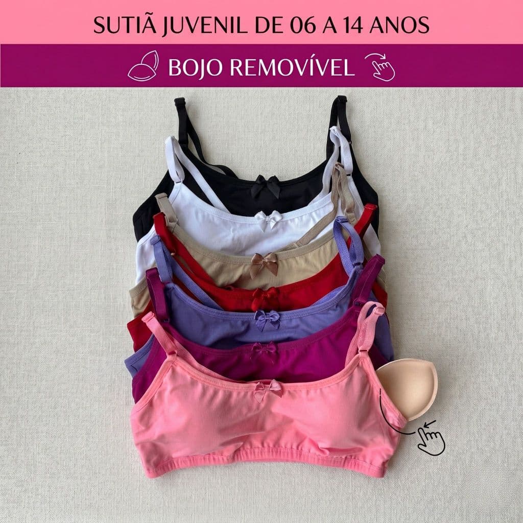 Kit Sutiã Top Infantil Juvenil Nadador Menina Moça com Bojo Removível e Alças Ajustáveis