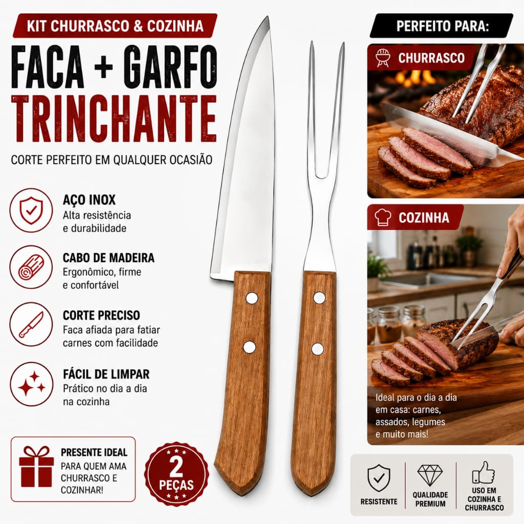 Kit Churrasco Faca Garfo Para Aço Inox Cabo Madeira