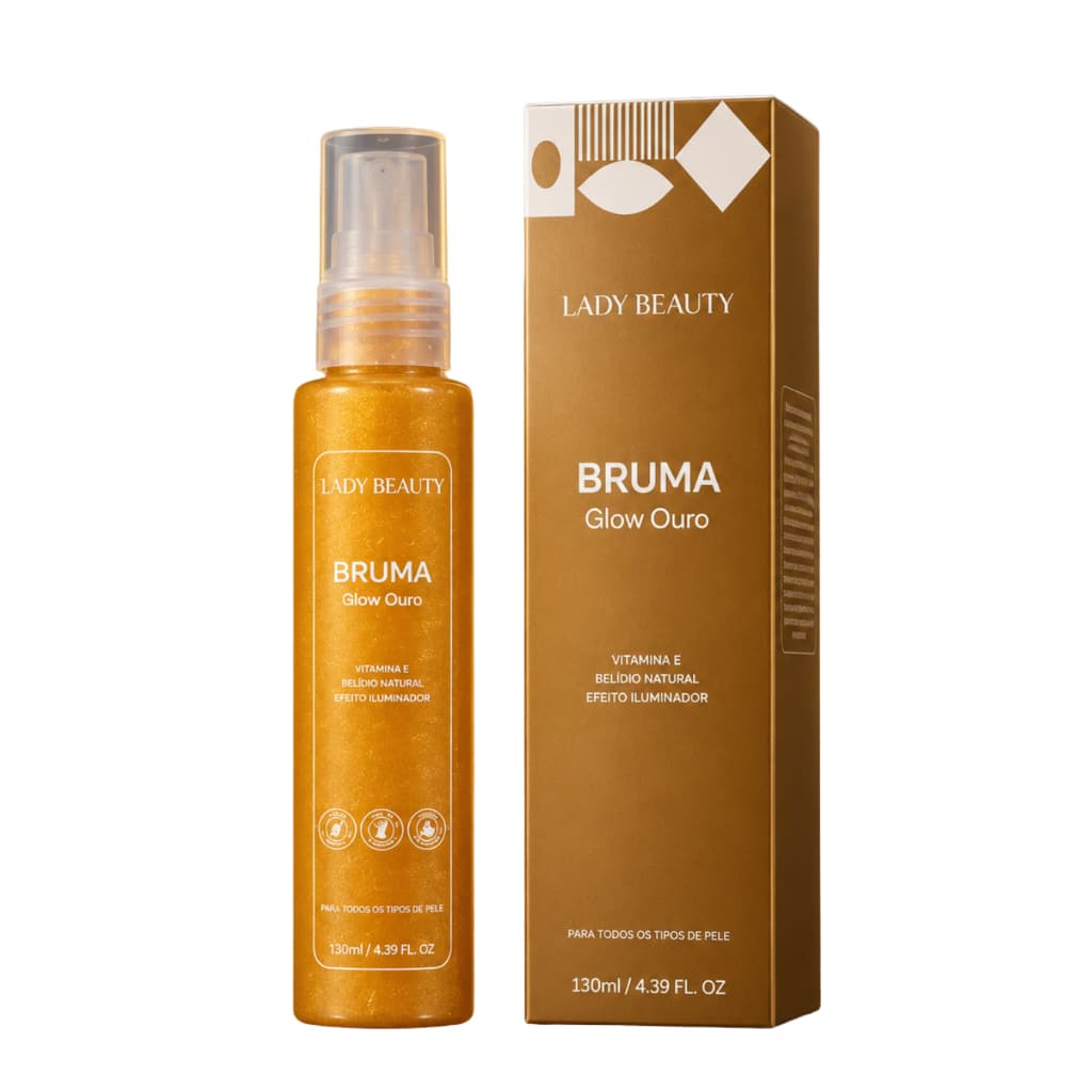 Bruma Glow Ouro Lady Beauty-Fixador Maquiagem Iluminador Vitamina C Hidratante Pele Radiante 130ml