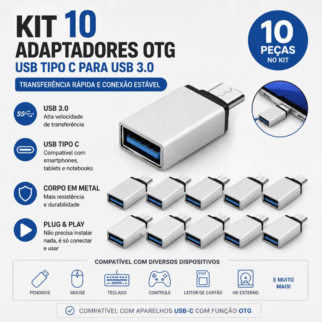 Kit 10 Conversor OTG USB-C para USB 3.0 Metal Premium Transferência Rápida