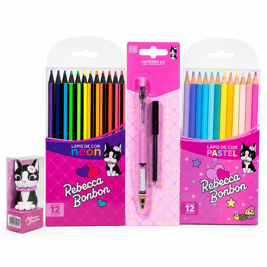 Kit Escolar Rebecca Bonbon Lapiseira 2.0 Lápis Cor Neon Pastel Apontador 3D Oficial