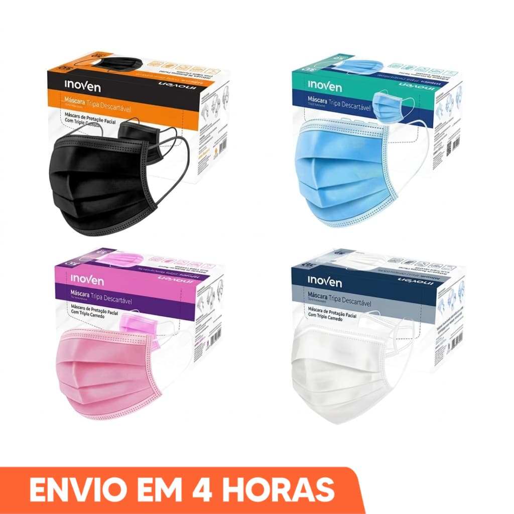 Máscara Cirúrgica Descartável Tripla Branca Preta Rosa Azul 50un Inoven