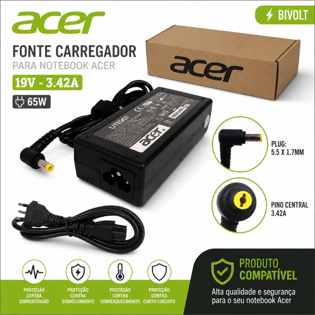 Fonte Carregador Notebook Acer 19V 3.42A 65W Plug 5.5x1.7mm Bivolt com Cabo de Força Compatível Aspire