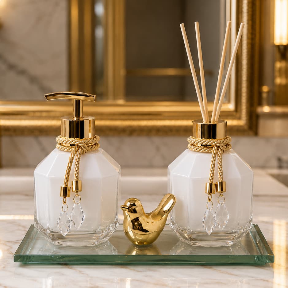 Kit Lavabo Vidro  Completo Luxo Com Bandeja Promoção Decorativo Ambar Banheiro Presente Chique
