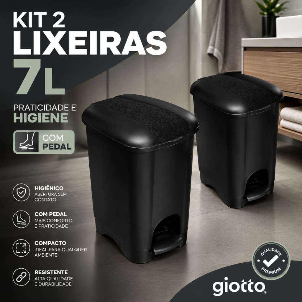 Kit 2 Lixeira com Pedal 7L Preto Prática Higiênica Moderna Preto tampa Ressistente Banheiro cozinha