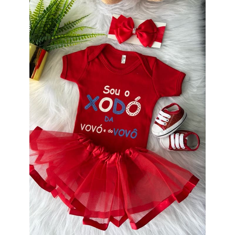 Conjunto Bebe Infantil 4 Peças Body Saia Tule Laço e Sapatinho Vermelho Temático Xodó da Vovó