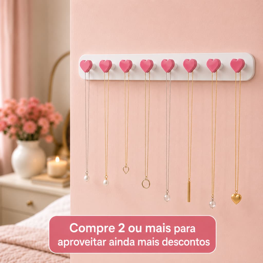Organizador de Joias Porta Colares Parede com Ganchos Coração Decoração Quarto Fita 3M
