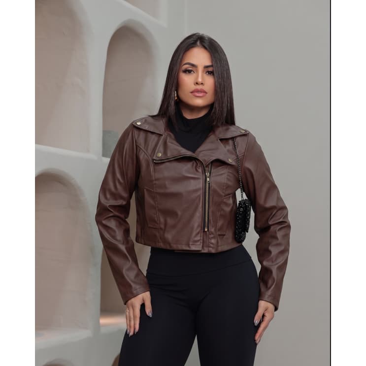 Jaqueta Feminina Cropped Courino com Zíper Assimétrico Manga Longa Ajustada Moda Inverno Elegante