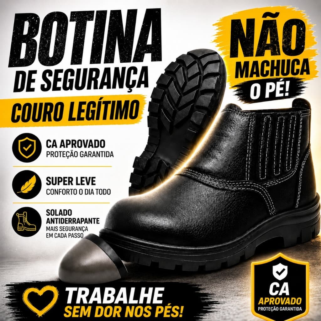 Botina Bota de Segurança Em Couro EPI Trabalho Obra CA Aprovado Biqueira PVC Unissex Profissional
