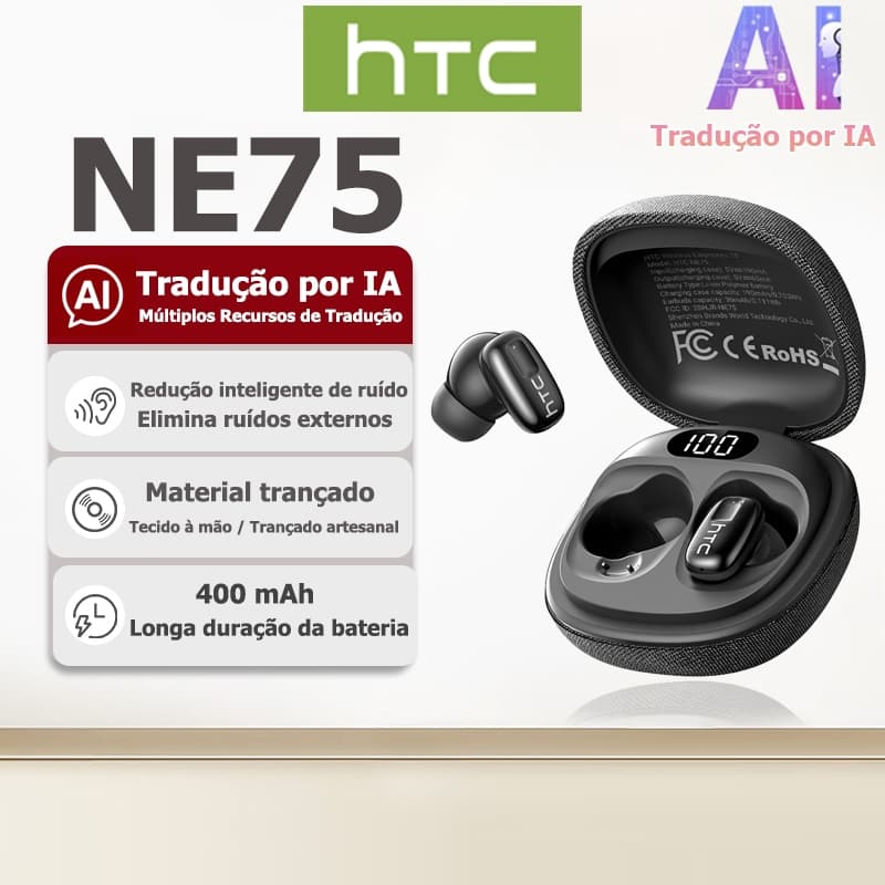 Fone Bluetooth HTC NE75 com tradução por IA, cancelamento de ruído inteligente, trançado artesanal, qualidade HiFi, Blue