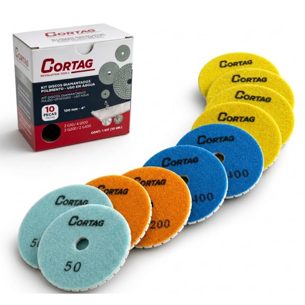 Kit Discos Diamantados 100mm 4” Brilho D’Água Cortag 10 Peças Polimento Mármore Granito e pedras