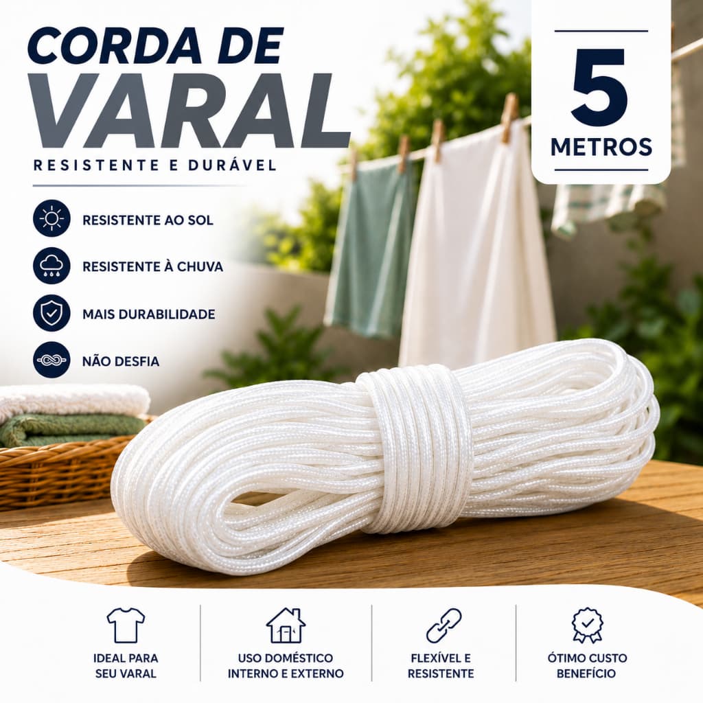 Corda Para Varal  5  metros - Varal de Teto Quintal Ap 2mm