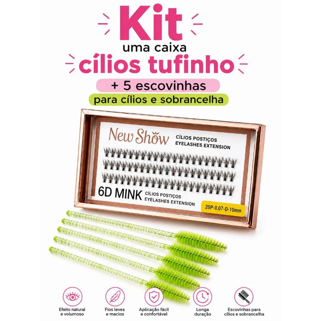 Kit Cílios Tufinho 6D Mink 10mm 0.07D + 5 Escovinhas Para Cílios e Sobrancelha