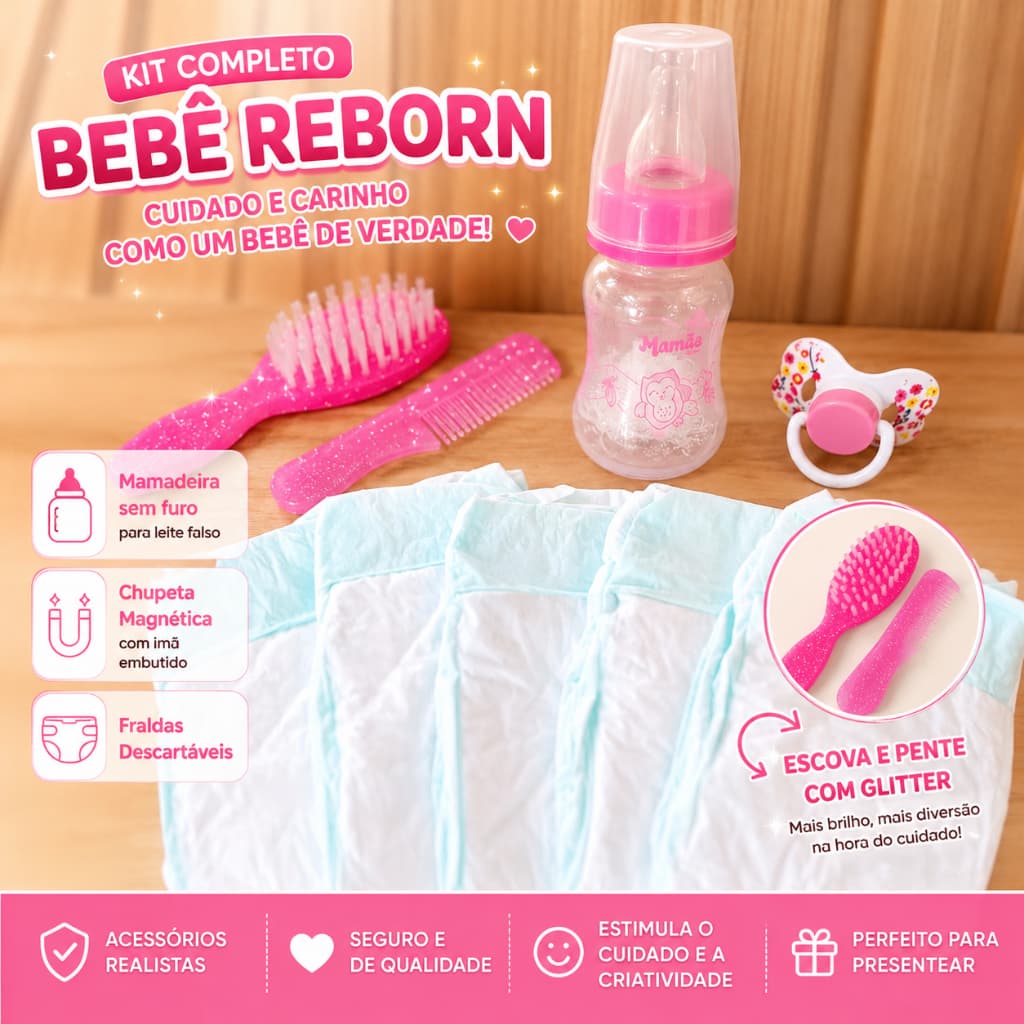 Kit 9 Peças Boneca Reborn Chupeta Magnética Mamadeira Pente e Escova Glitter + 5 Fraldas Rosa e Azul