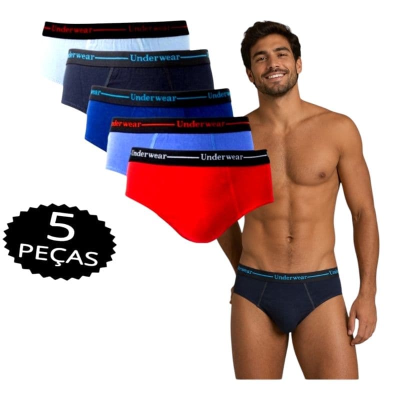 Kit 5 Cueca tradicional com forro 100% algodão  com  elástico aparente cores sortidas