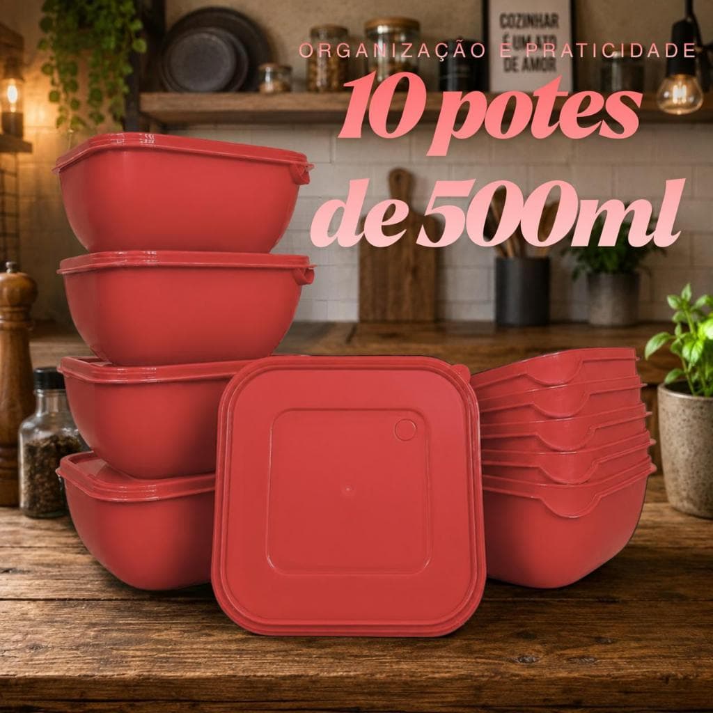 Conjunto 10 Potes Herméticos de Plástico com Tampa – Empilháveis e Resistentes para Alimentos