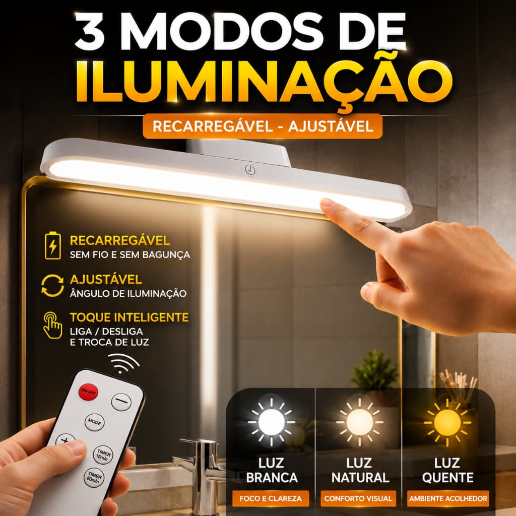 Luminária Led Magnética Recarregável Com Controle Arandela Suporte Banheiro Espelho Parede