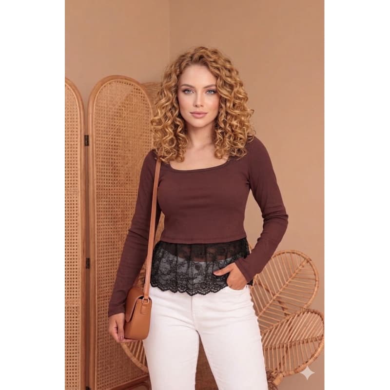 Blusa Feminina manga Longa rendada flanelada babado Renda Ribana