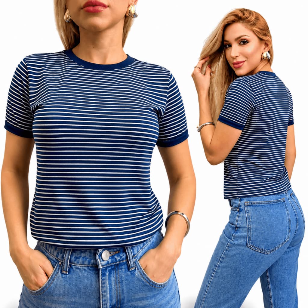 Camiseta Blusa Feminina Listrada Algodão Macio 100% Manga Curta
