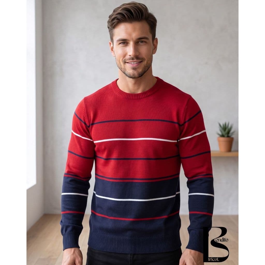 Blusa Listrada Masculina Tricot Manga Longa Canelada Básica Gola Redonda Tricô Moda Inverno