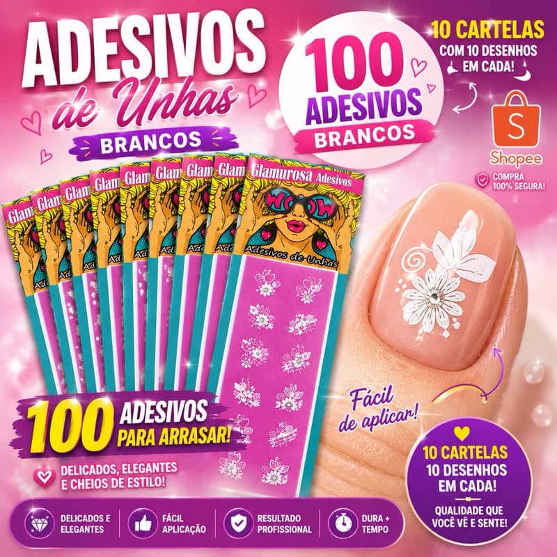 100 adesivos de unha 3d artesanais 3d película brancos (Glamurosa)