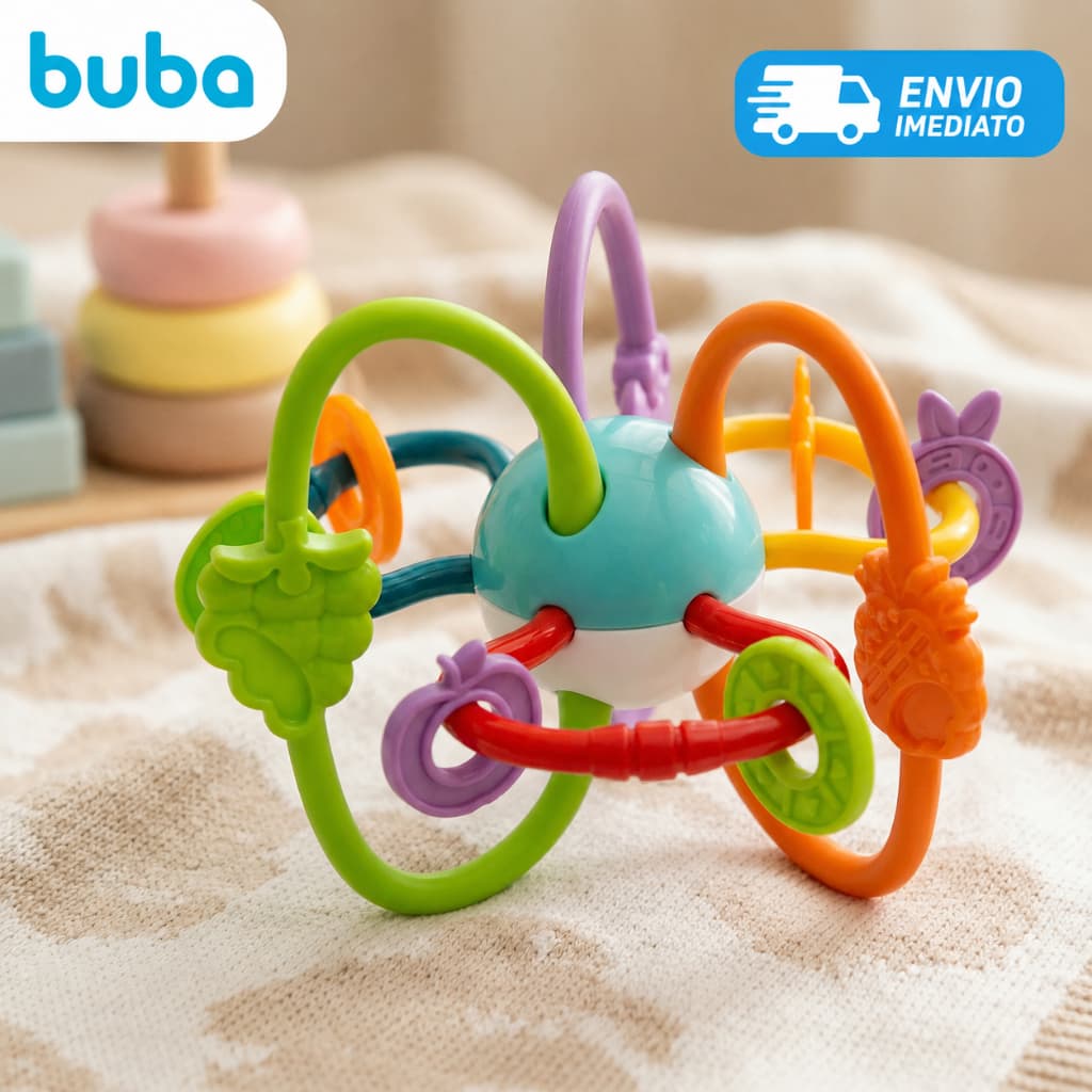 Chocalho E Mordedor Brinquedo Para Bebê Fruit Ball Buba Multicolor, ideal para o seu bebe com segurança e qualidade.