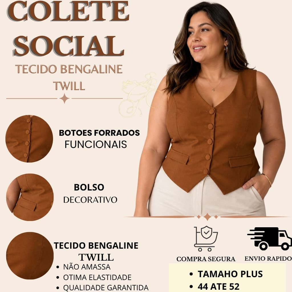Colete Feminino Plus Size Social - Tecido Bengaline Twill 44 ate 52