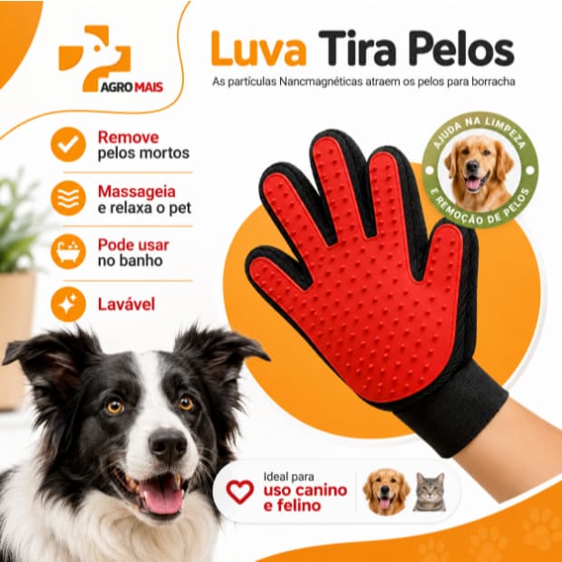 Luva Tira Pelos Para Cães e Gatos Massagem e Banho Vermelha