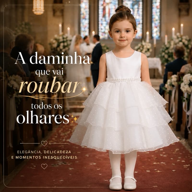 Vestido Midi Branco Infantil Festa Casamento Daminha Florista Batizado Aniversario REF4170