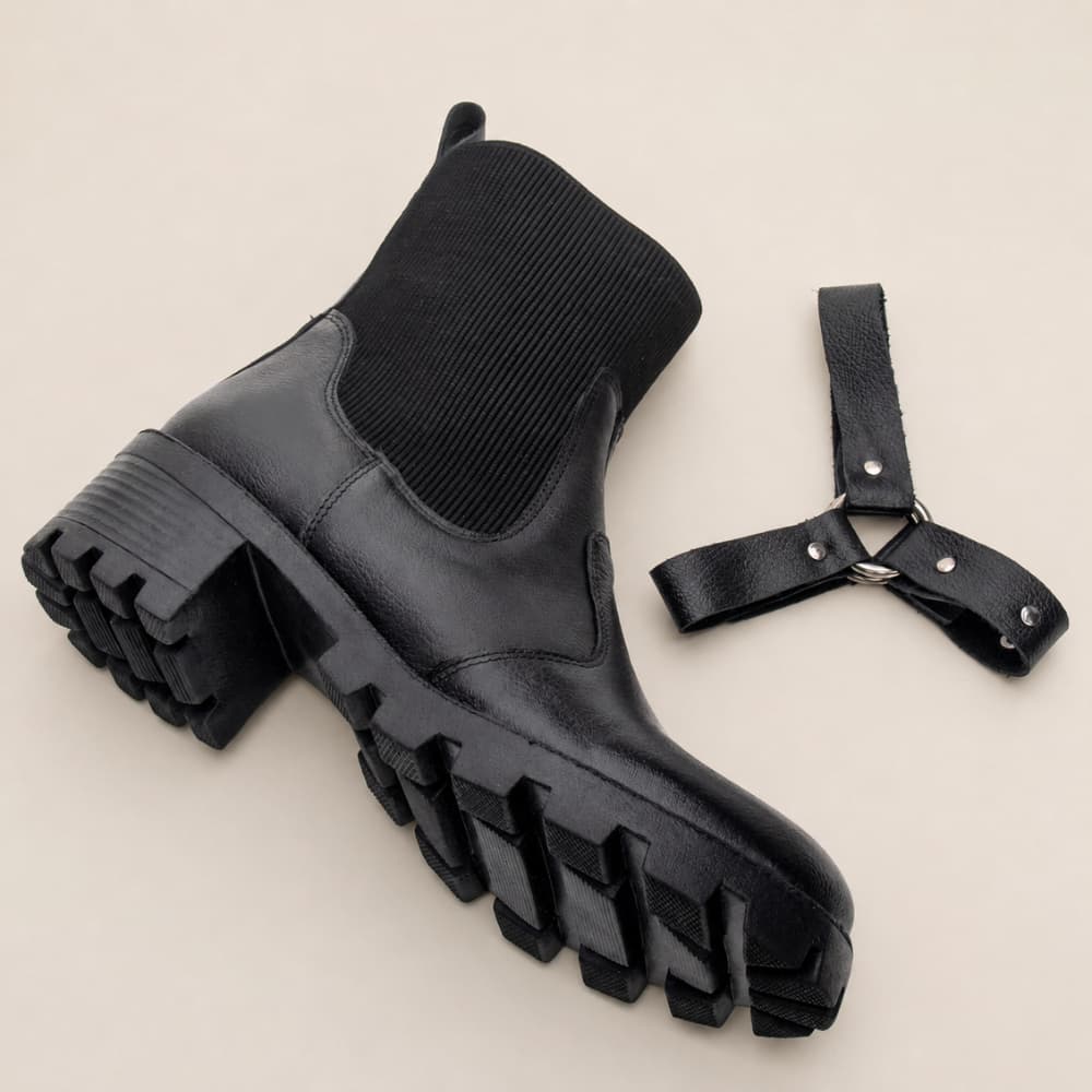 Coturno Feminino Sola Tratorada Couro Legítimo Bota Cano Curto Com Fivela Removível