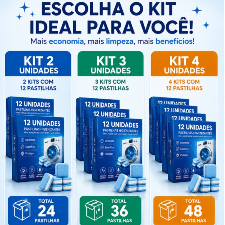 KIT 2/3/4 Pastilhas Limpeza Máquina De Lavar Roupa Lava Louças Remove Odor Kit 12 Unidades