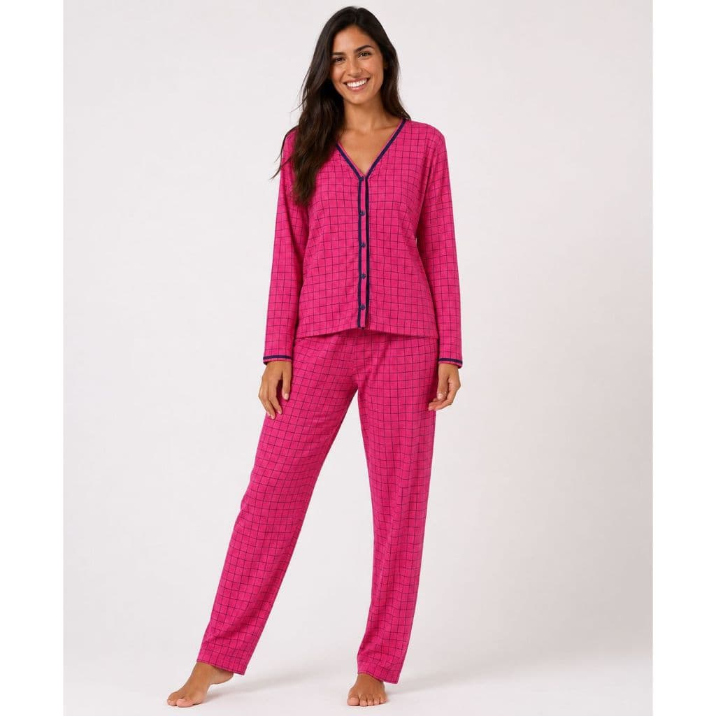 Pijama Feminino Longo Xadrez em Malha Confortável com Botões – Toque Macio e Leve