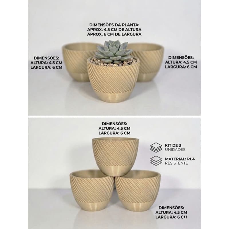 Kit 3 Vasos Decorativos Ondulados para Suculentas | Impressão 3D em PLA