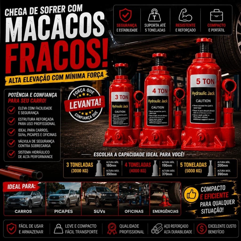 Macaco Hidráulico Tipo Garrafa 3T 4T 5T Compacto Reforçado para Carros e Oficinas