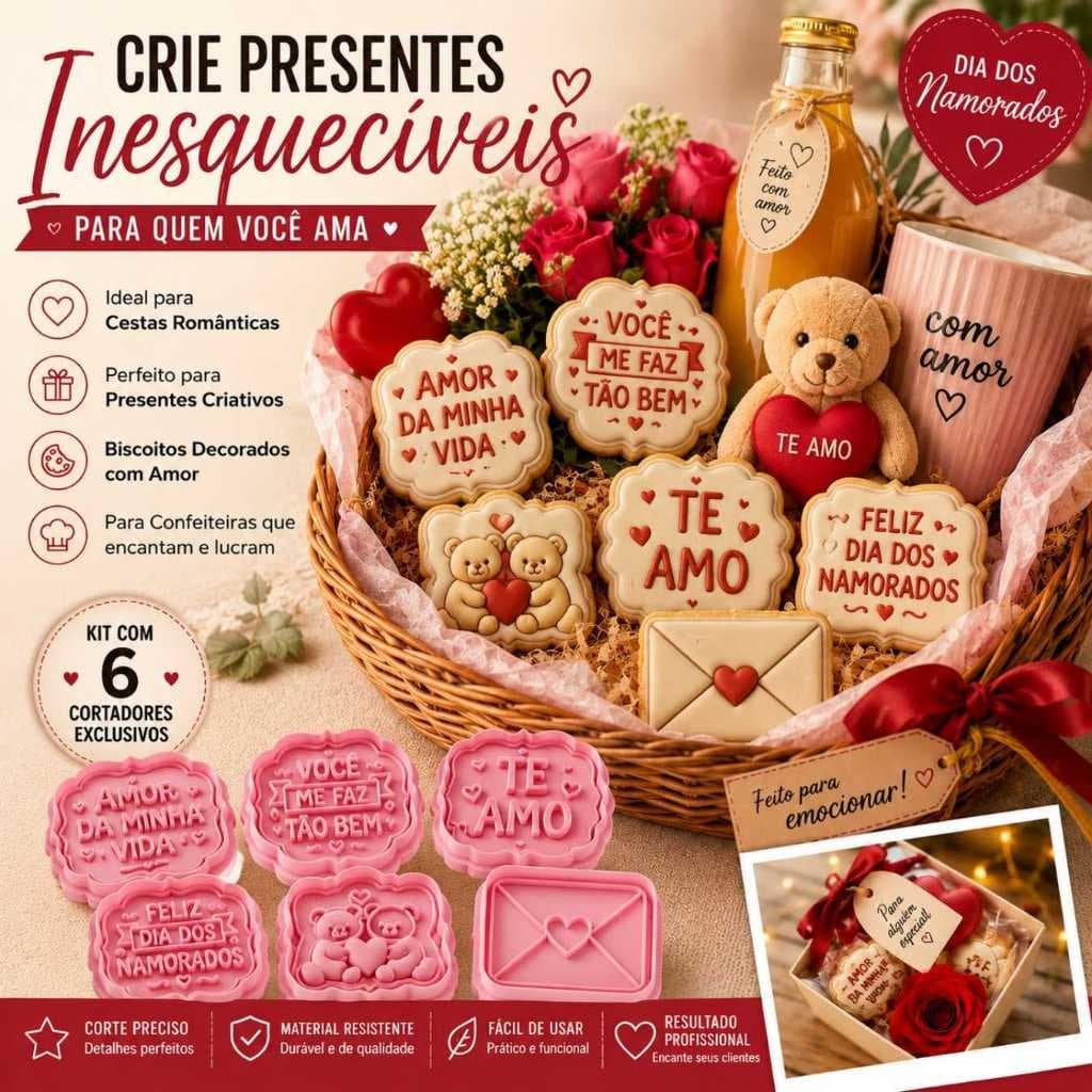 Kit Cortadores Dia Dos Namorados Para Cestas Café Da Manhã Biscoitos Decorados Presentear Amor Amor