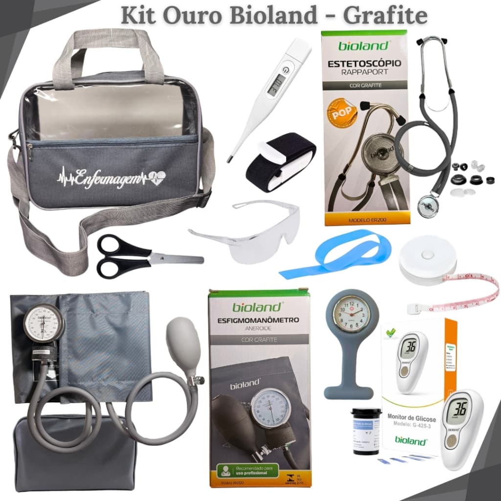 Material de Bolso Ouro Completo para Estágio com Glicosímetro, Relógio de Lapela, Aparelho de Pressão e Esteto Duplo