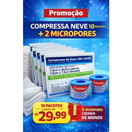 Compressa GAZE 100% VISCOSE Pacotes com 10 unidades - KIT + Brinde NEVE