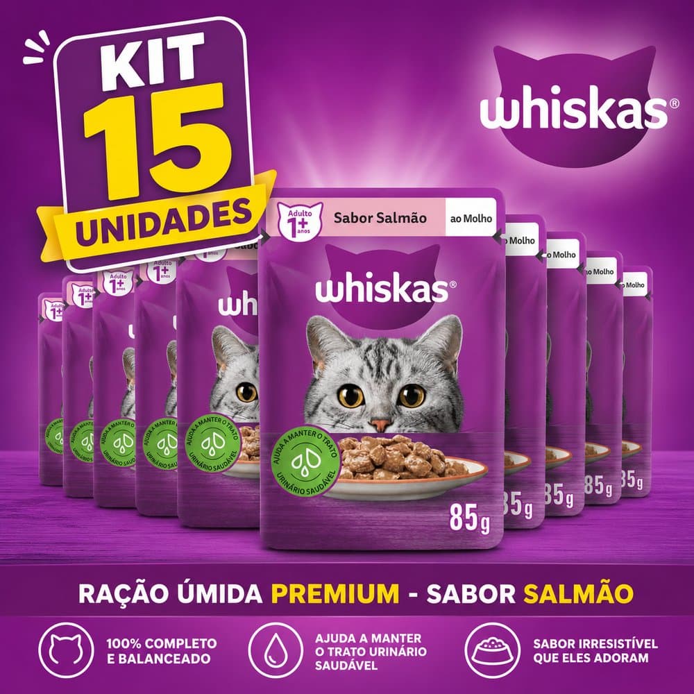 Whiskas Sachê Gato Adulto Salmão 85g Kit 15 Unidades Ração Úmida Premium