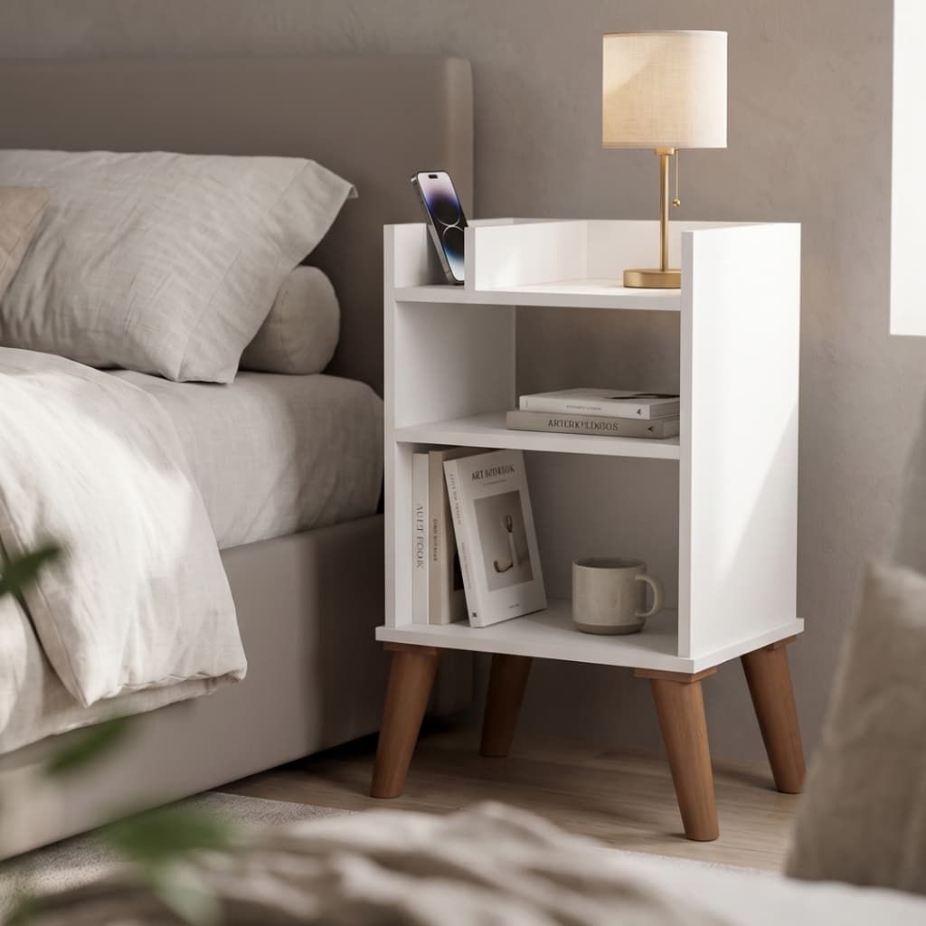 Mesa de Cabeceira Retrô Para Quarto Com Prateleira Nicho Decorativo Pés Palito Madeira Compacta