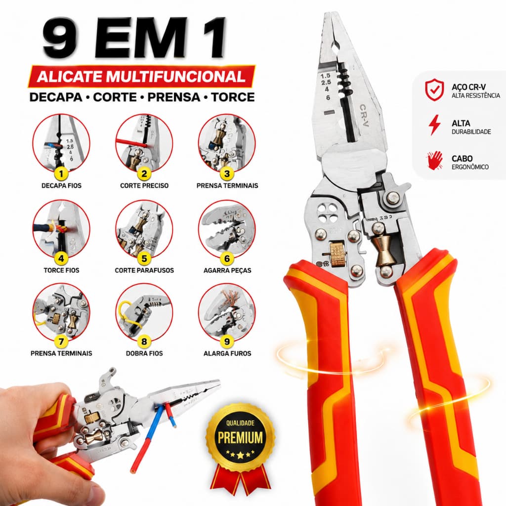 Alicate de Decapagem Multifuncional 9 em 1 Profissional Corte Crimpagem Cabo Ergonômico Laranja/Amarelo
