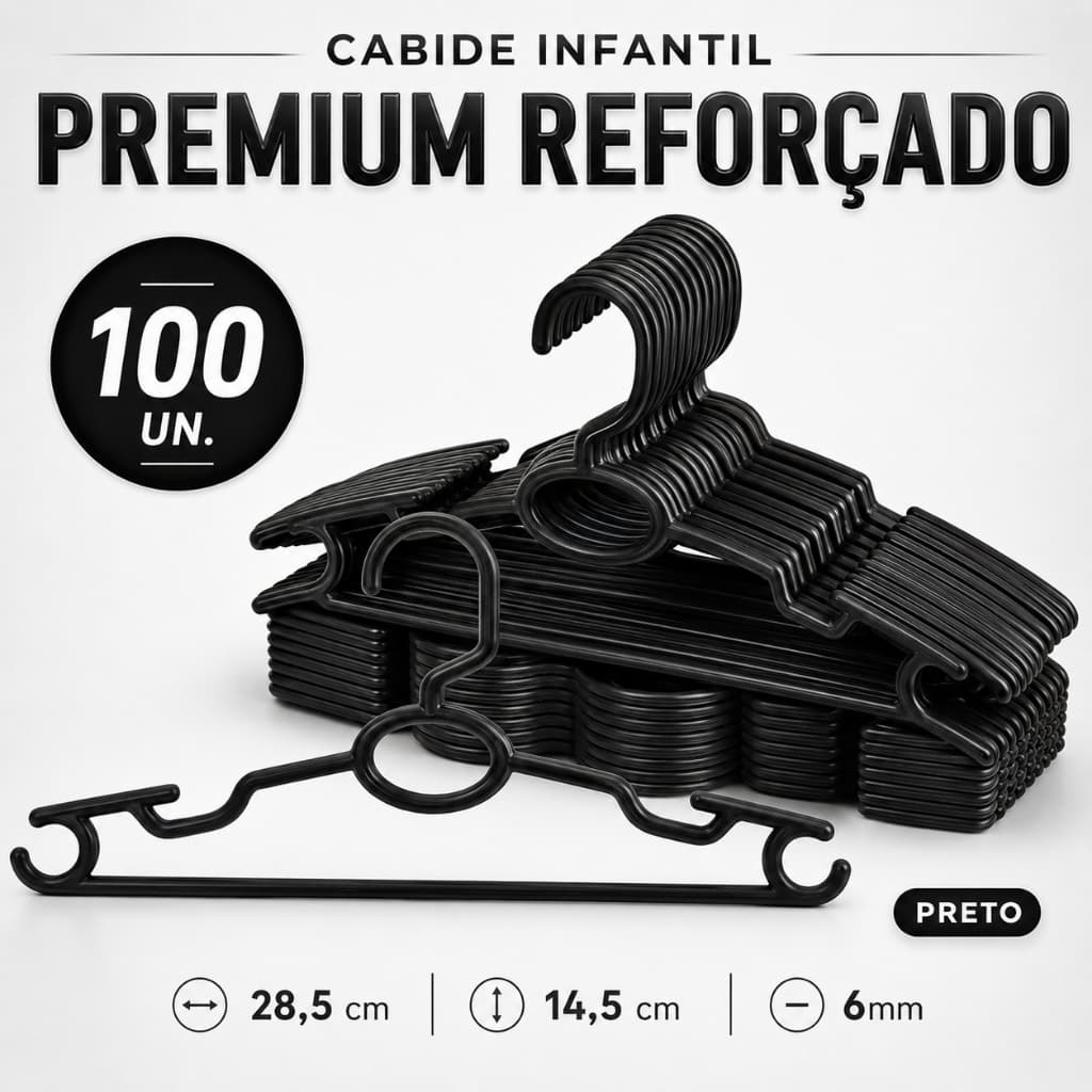 Kit 100 Cabides Infantil Bebê Baby Reforçado Preto Plástico Cruzeta Roupa Resistente Premium