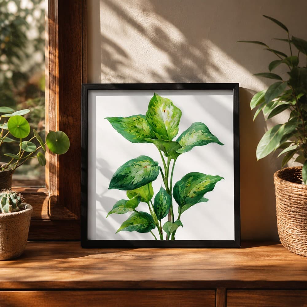 Quadro Decorativo Folhagem Verde Aquarela com Moldura