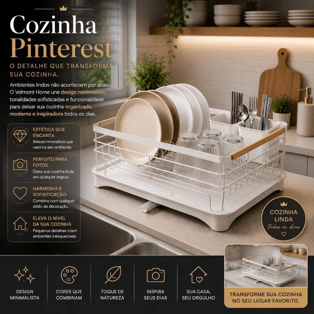 Escorredor de Louça Branco Moderno com Porta-Talheres e Base Coletora | Velmont Home Premium