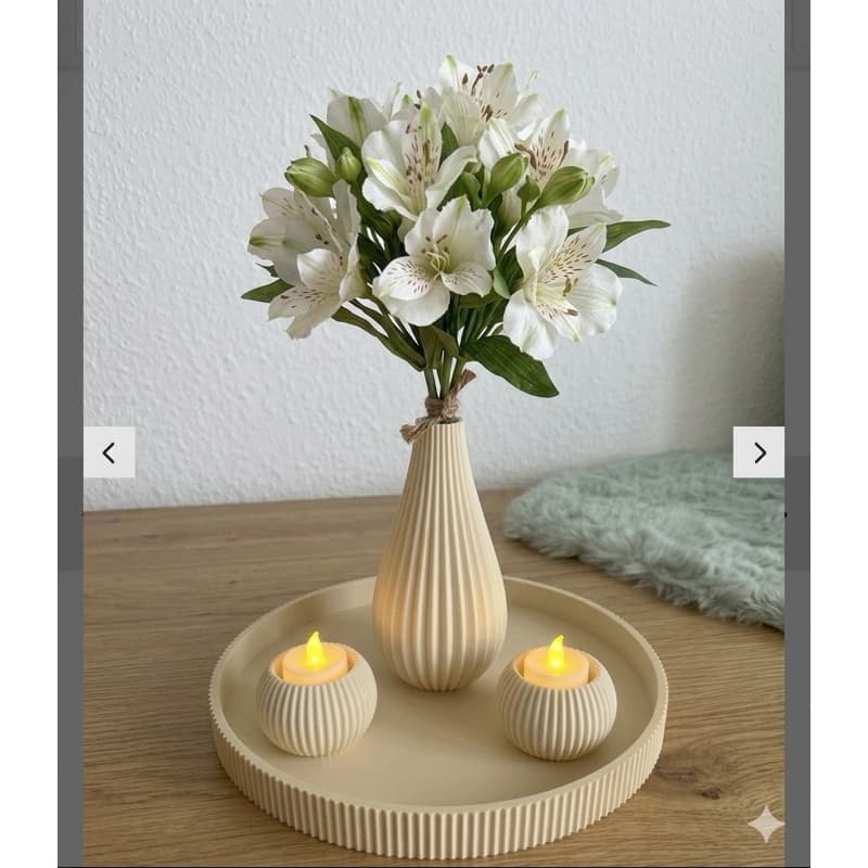 Kit Decoração Centro De Mesa + Vaso Canelado + 2 Castiçais Porta Velas Com Bandeja Minimalista Luxo Sala Escritório